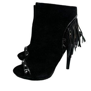 Colin Stuart Black Suede Fringe Stiletto Heels size 8 Side Zip Bootie Peep Toe